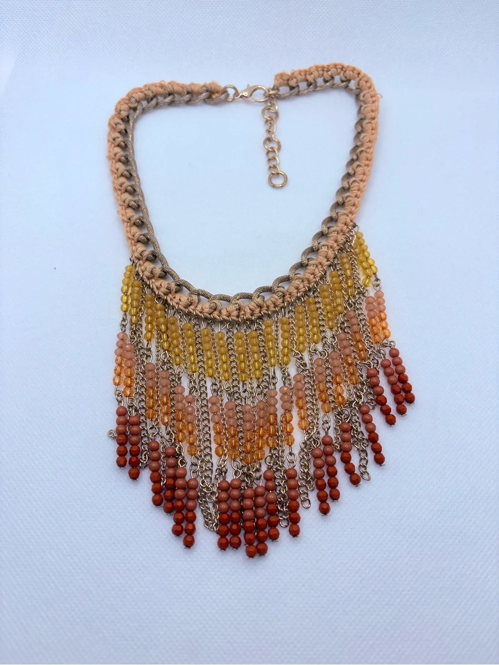 Boho Fringe Macrame Beaded Goldtone Necklace Yellow Orange Red Statement 15-17”